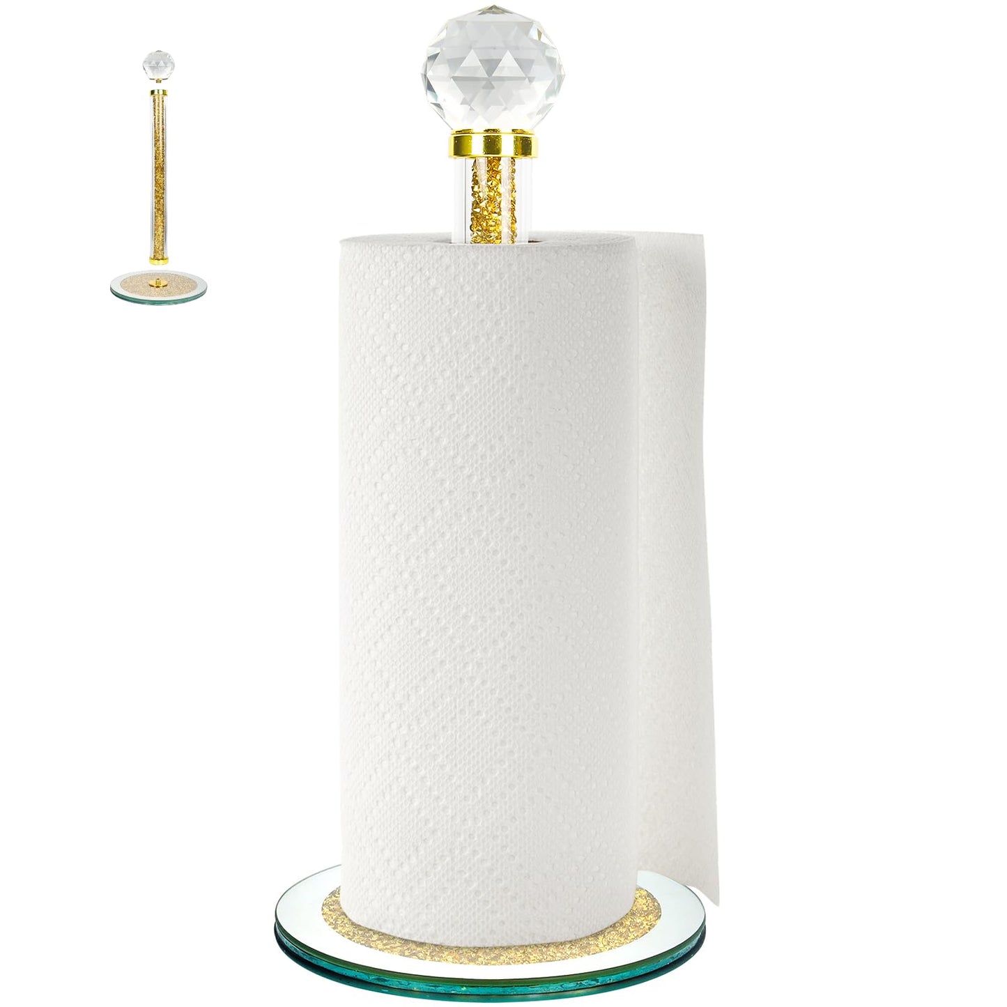 Decorative Paper Towel Holder, Gold Crystal Paper Towel Dispenser, Crushed Diamond Home Decor Toilet Roll Holder Stand with Heavy Base, Freestanding Paper Holder for Kitchen, Bathroom (Round/Gold)