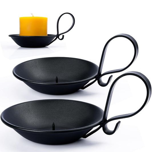 AGLARY 2PCS Matte Black Iron Pillar Candle Holders, with Handle, Simple Industrial Style ，Table Centerpiece Decoration，with Safety Spike.