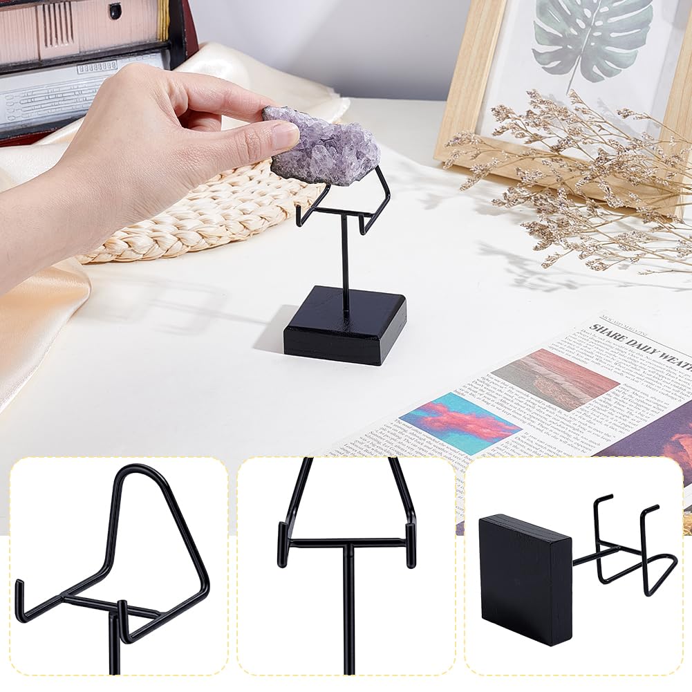 AHANDMAKER Wood Display Stand with Metal Arms Small Easel with Base for Shark Tooth Mineral Agate Rocks Crystal Gemstones Fossils Coral Geodes Display Home Office Christmas Decoration, Black 2x2x4in