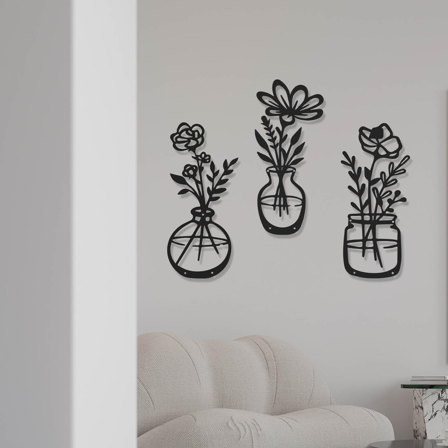 AMAATE 3Pcs Black Metal Flower Vase Wall Art Botanical Iron Farmhouse Decor