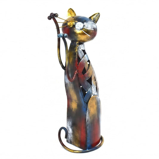 Artistic Metal Cat Sculpture, Handmade Welded Cat Figurine, Vintage Cat Decor for Home Office, Elegant Modern Living Room Table Shelf Decoration, Gift for Cat Lovers (Colorful Cat Figurine - B)