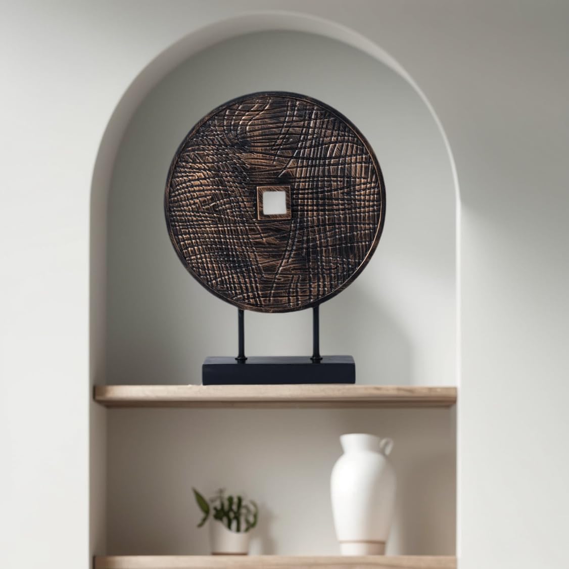 LuckySunDecorQZ Unique Round Coin Sculpture Decorative Objects for Shelf Home Decor Accents, Modern Abstract Tabletop Decor Items for Living Room Fireplace Mantel, Above Cabinet (Black)