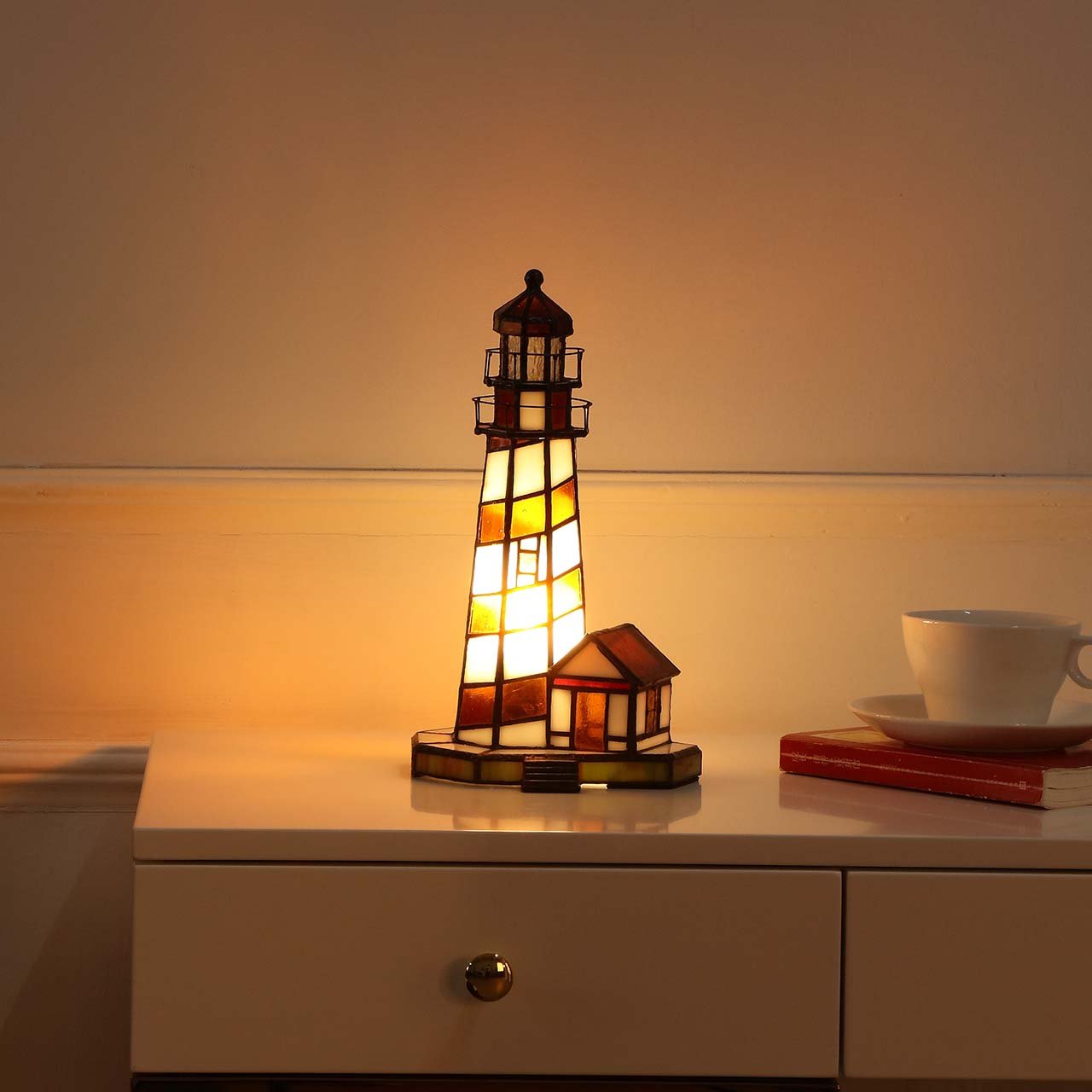 Bieye L10616 Lighthouse Tiffany Style Stained Glass Accent Table Lamp Night Light for Home Decoration (6x5x11, Amber)