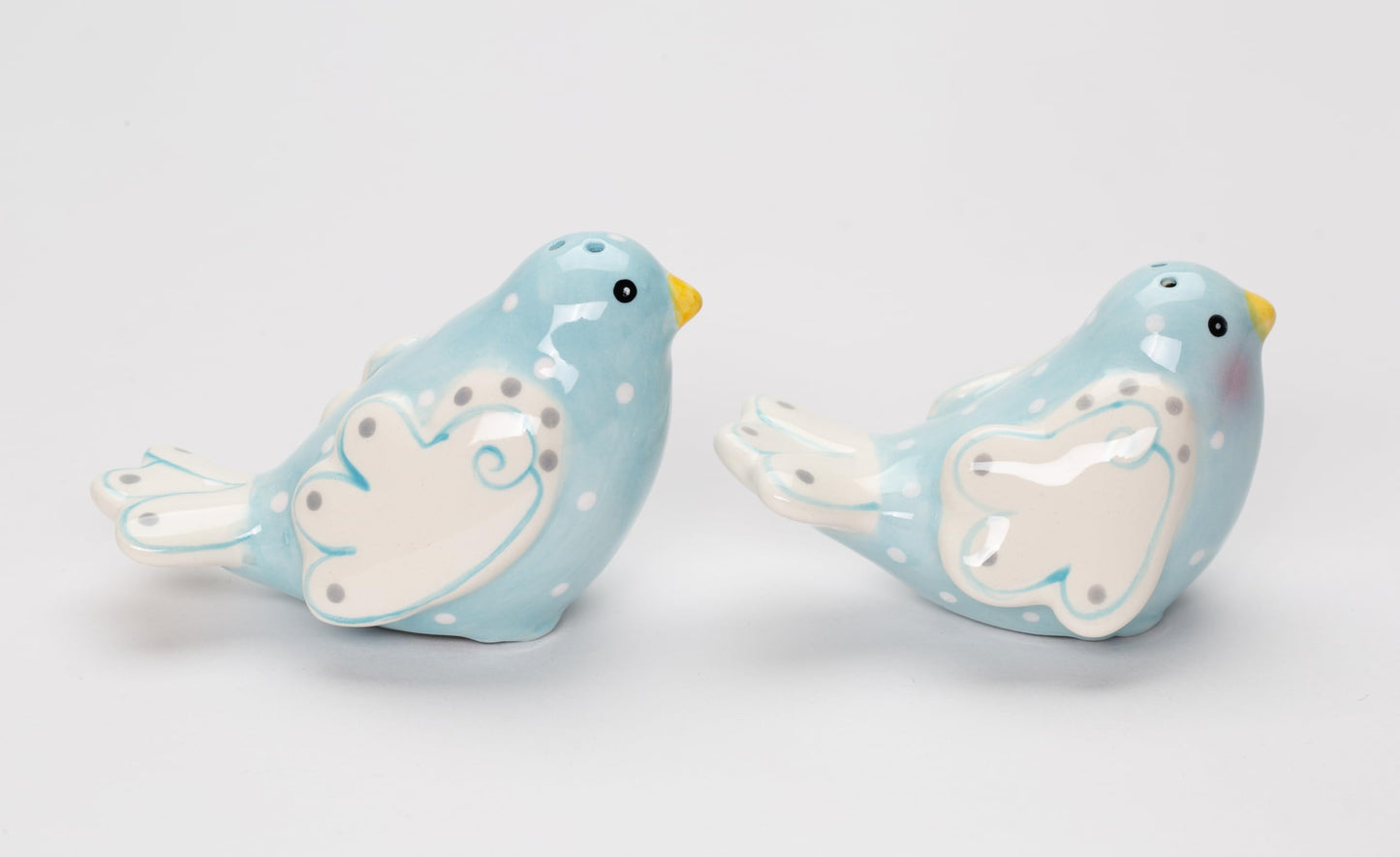 Fine Ceramic Lovebird Bluebird Pastel Baby Blue Bird with White Wings and White Polka Dots Design Salt and Pepper Shakers Set, 3-5/8" L