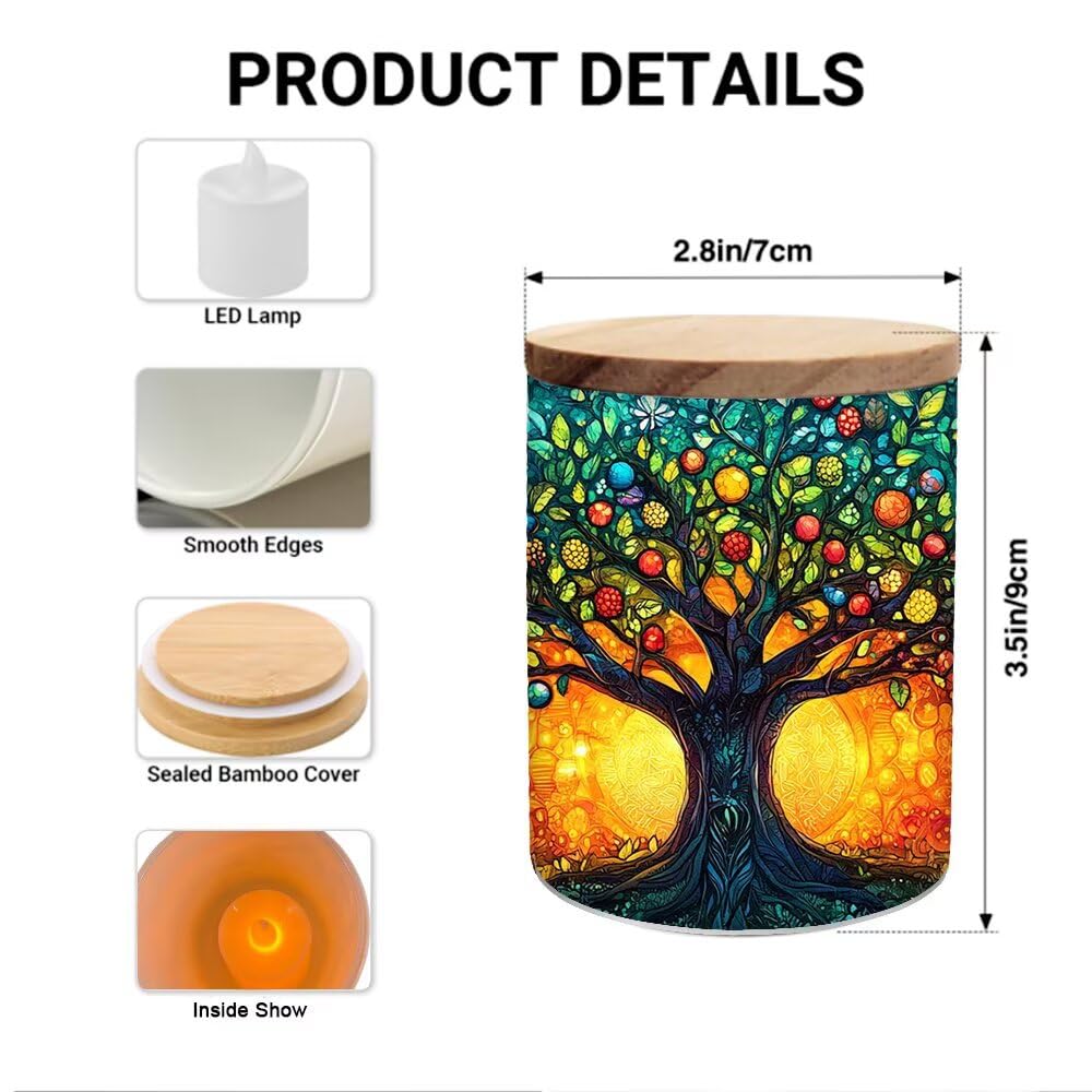 Stained Glass Tree of Life Tea Light Candle Holders, Memorial Tealight Candlesticks Votive Candle Holder, Tree of Life Battery Operated Tea Light Jar Home Decoration, 3.5"x2.8"