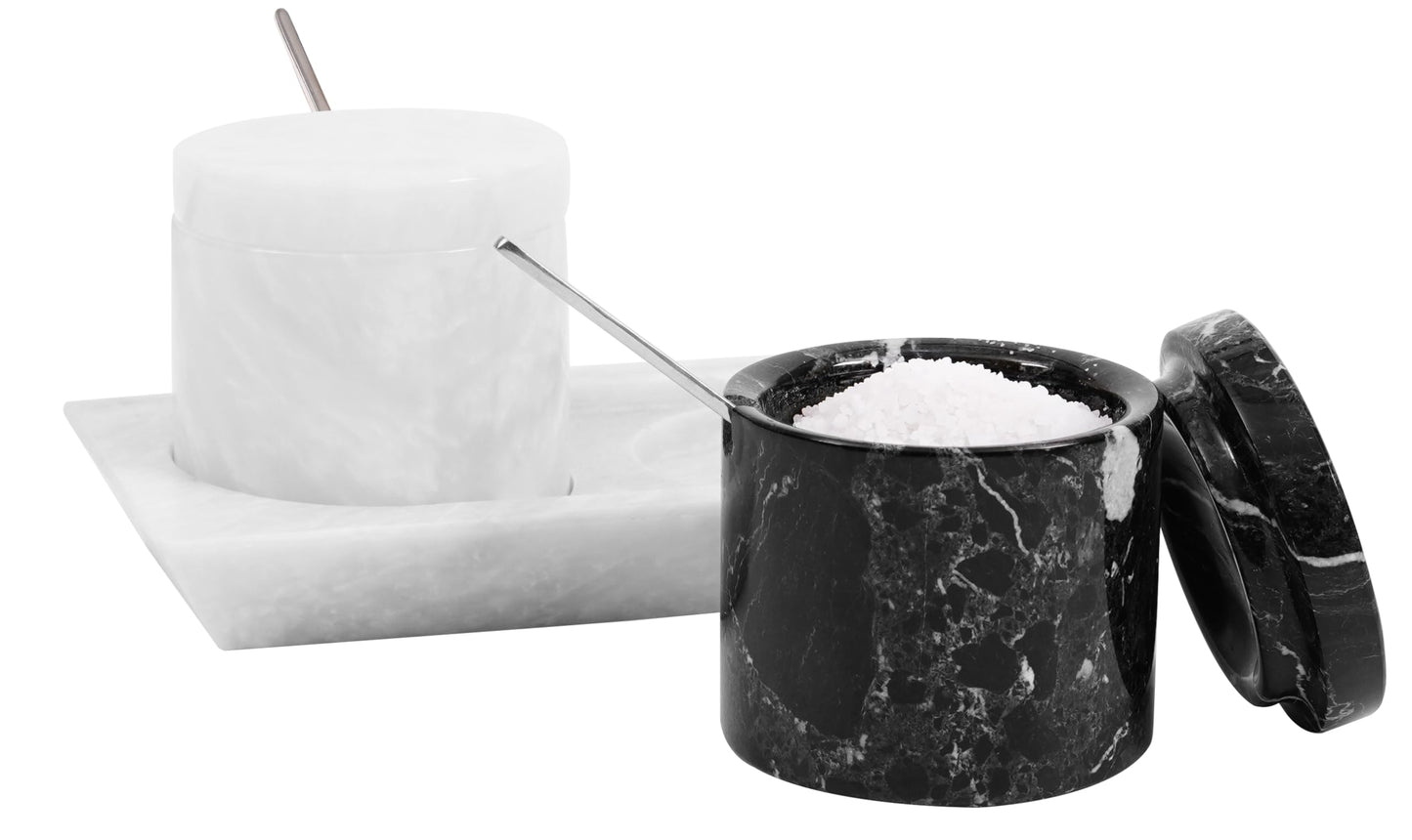 Radicaln Marble Salt Cellar with Lid and Tray 3" Inch Black & White Handmade Salt Dish For Kitchen Countertop, Ideal Set of 2 Seasoning Jars & Table Salt Container For Table