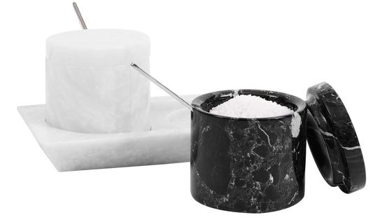 Radicaln Marble Salt Cellar with Lid and Tray 3" Inch Black & White Handmade Salt Dish For Kitchen Countertop, Ideal Set of 2 Seasoning Jars & Table Salt Container For Table