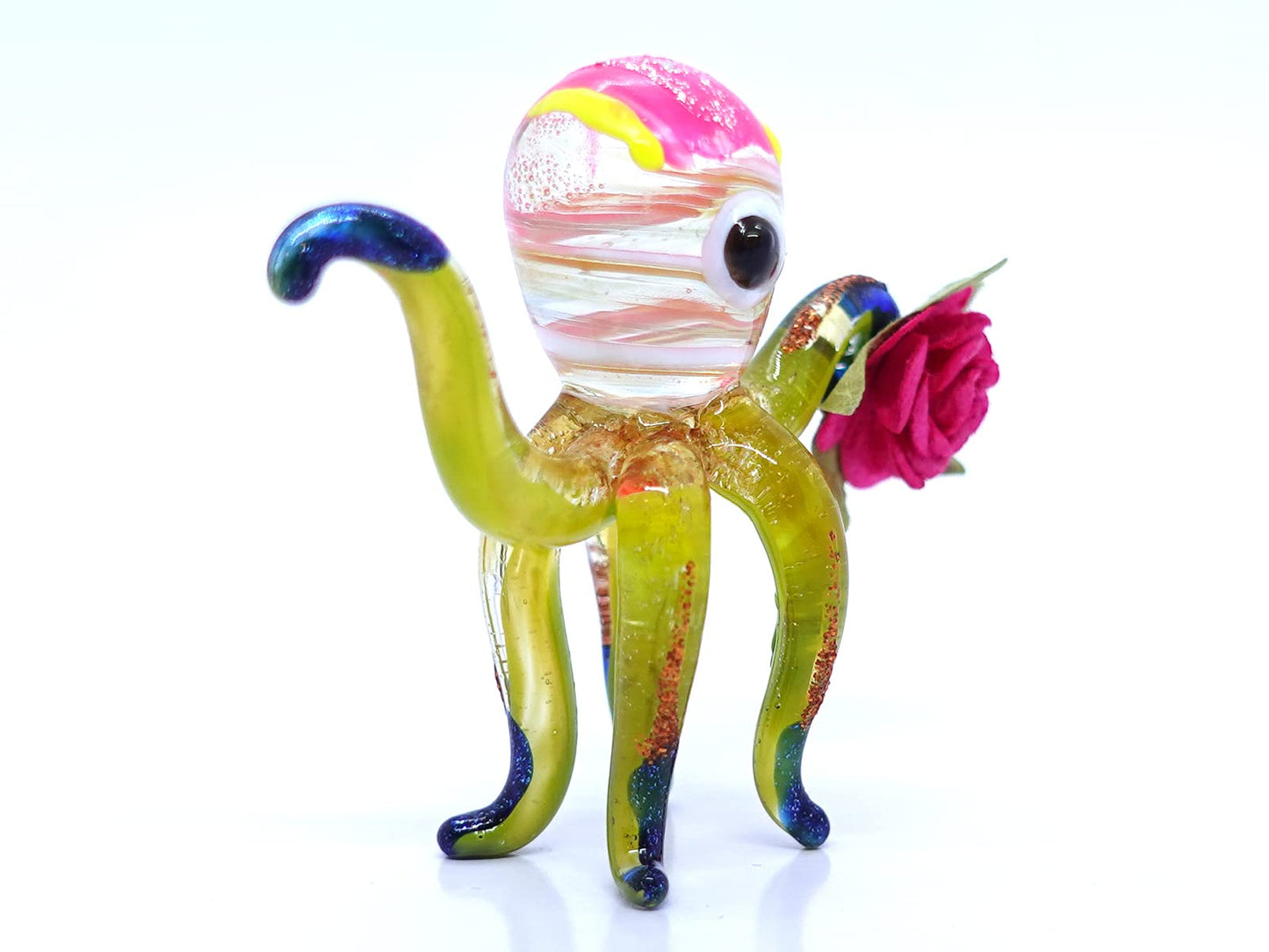 Sansukjai Squid Holding Flower Miniature Hand Blown Glass Art Painted Figurines Animals Collectible Gift Home Décor