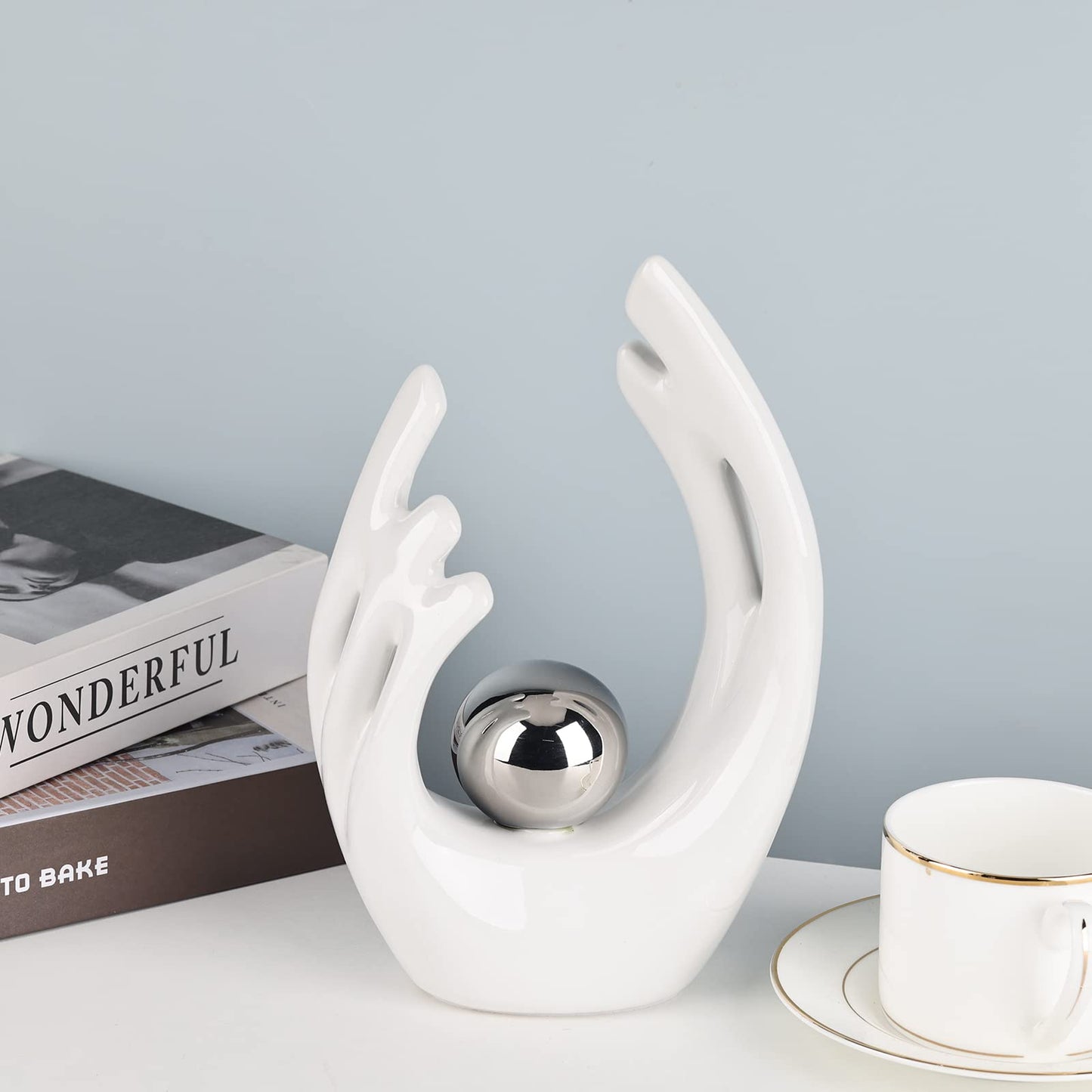 XMGZQ White Ceramic Abstract Statues and Sculptures,White and Sliver Art Ceramic Statues,Modern Home Decor for Living Room,Dining Table, Coffee Table,Shelf, Entrance,Home Desktop Sculpture Home Decor
