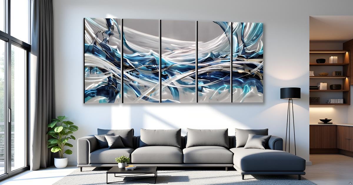 Yihui Arts Large 3D Hand Crafted Abstract Blue Aluminum Metal Wall Art for Bathroom, Kitchen, Dinning Decor