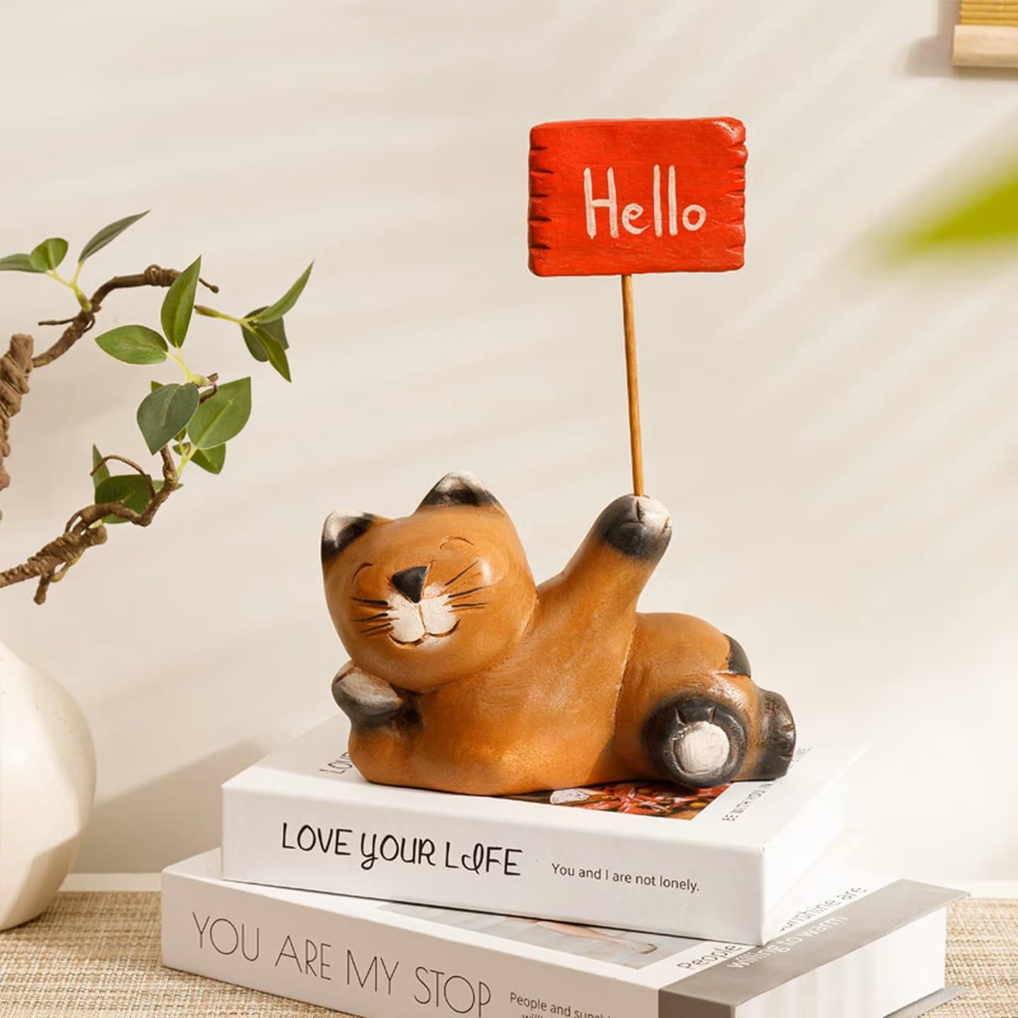 AHZGBL Wooden Cat Figurine, Hand Carved Solid Wood Cat Statue from Thailand, Handcrafted Home Decor for Living Rooms, Restaurants, Bars, Cafes, Whimsical Collectibles for Cat Lovers (Welcome Cat)