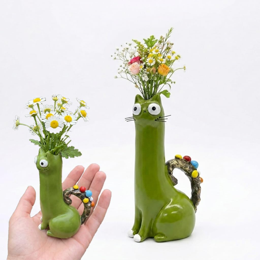 Handcrafted Ceramic Cat Vase for Flowers, Whimsical Kitty Planter for Small Bouquets, Boho Desk Shelf Decor, Unique Gift for Cat Lovers