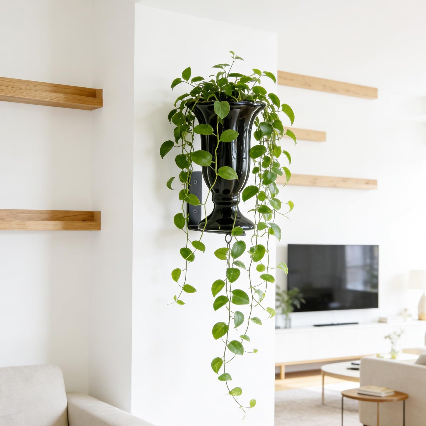 Modern Floating Wall Vase - Matte Black Ceramic Flower Vase with L-Shaped Metal Bracket - Minimalist Wall Mounted Planter for Fresh or Dried Flowers, Home Decor for Living Room, Bedroom, Entryway