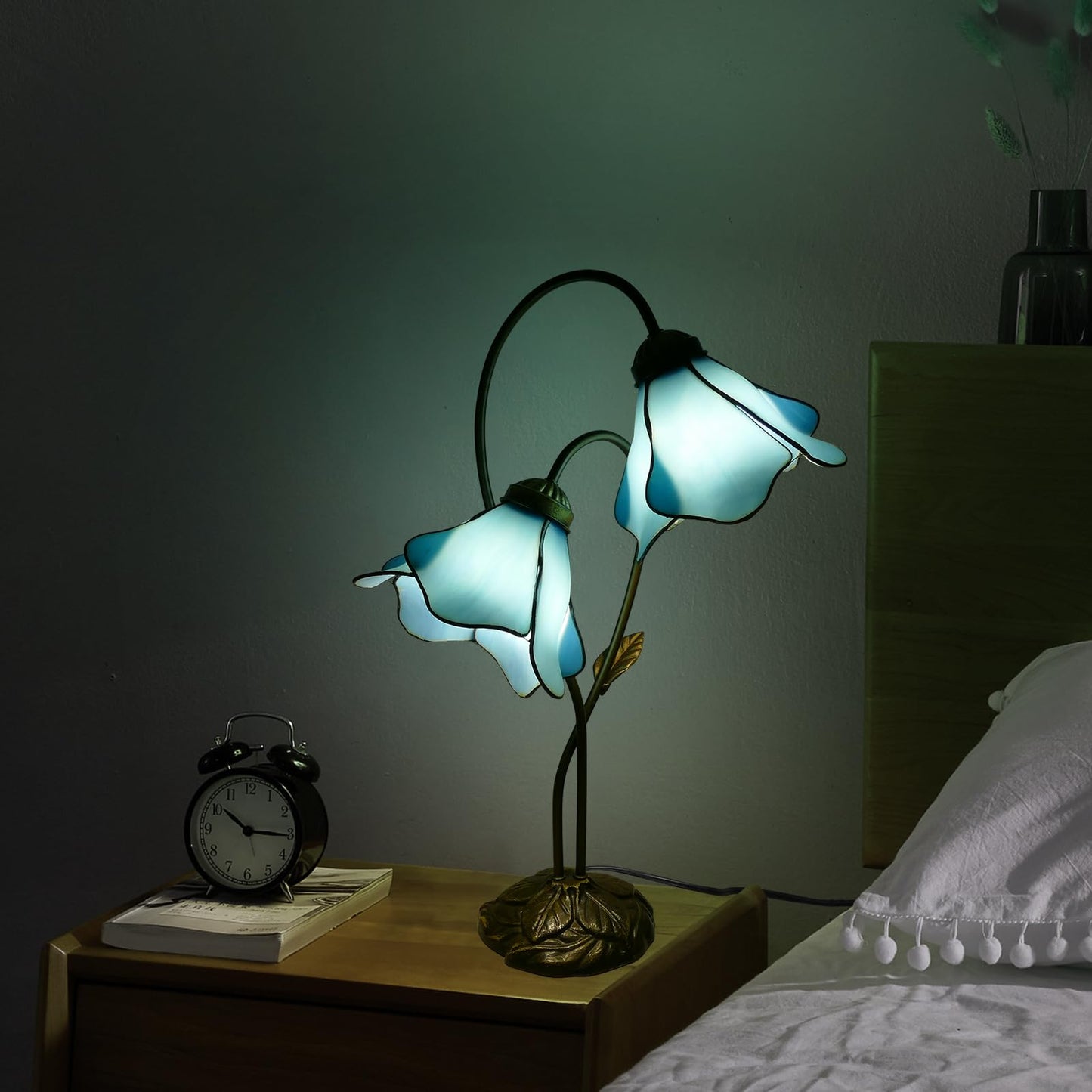 VirtueKing Blue Lotus Stained Glass Lamps Double Headed Desk Lamp 2-Light Tiffany Table Lamp 8" Wide 24" Tall Tiffany Style Table Lamp LED Bulb Included