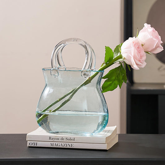 Glass Vase with Elegant Purse Design, Hand Purse vase with Fish Bowl, Unique Flower Vase with Handle and Bubbles - for Home Decor/Office/Garden/Wedding Decor/Enterpiece/Events (Purse Blue A)
