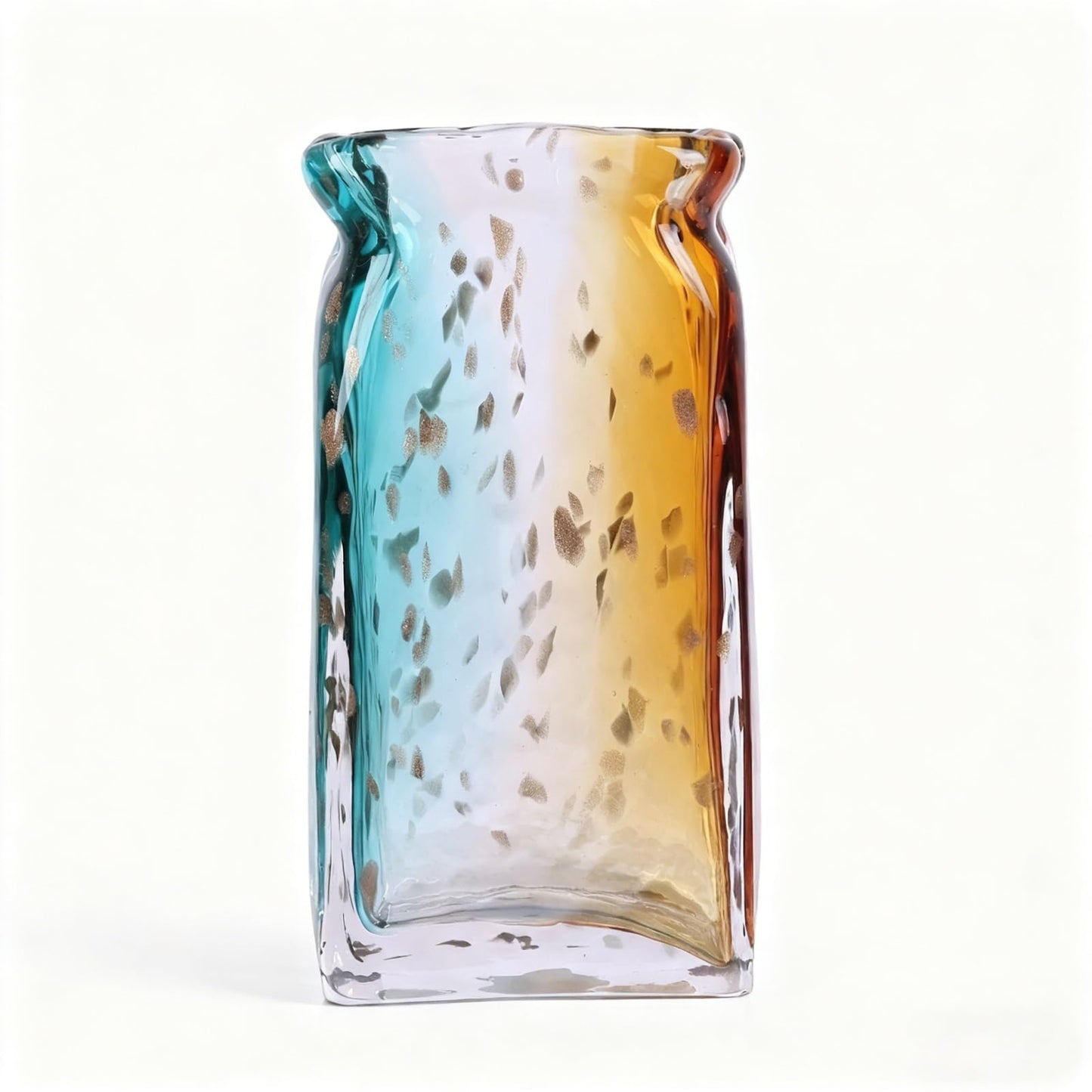 Hand Blown Glass Vase, Turquoise Teal Blue with Amber Orange