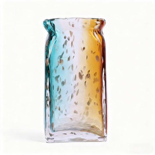 Hand Blown Glass Vase, Turquoise Teal Blue with Amber Orange