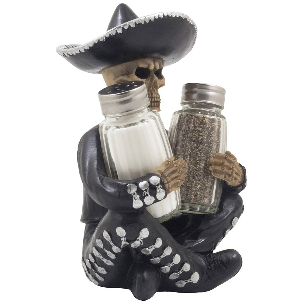Dia de Los Muertos Mariachi Skeleton Salt and Pepper Shaker Set with Decorative Figurine Holder for Day of the Dead Mexican Festival Decor or Halloween Party Kitchen Table Decorations As Gothic Gifts