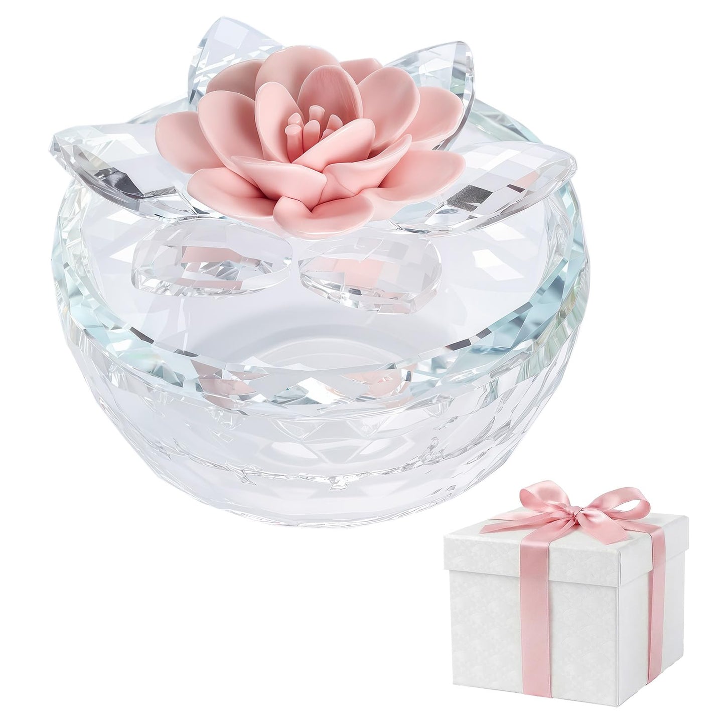 Dounx Crystal Jewelry Box for Women, Small Glass Trinket Jar with Lid, Clear Lotus Flower Storage Holder Elegant Organizer Dish for Ring, Earrings, Necklace, Gift (Pink Flower)