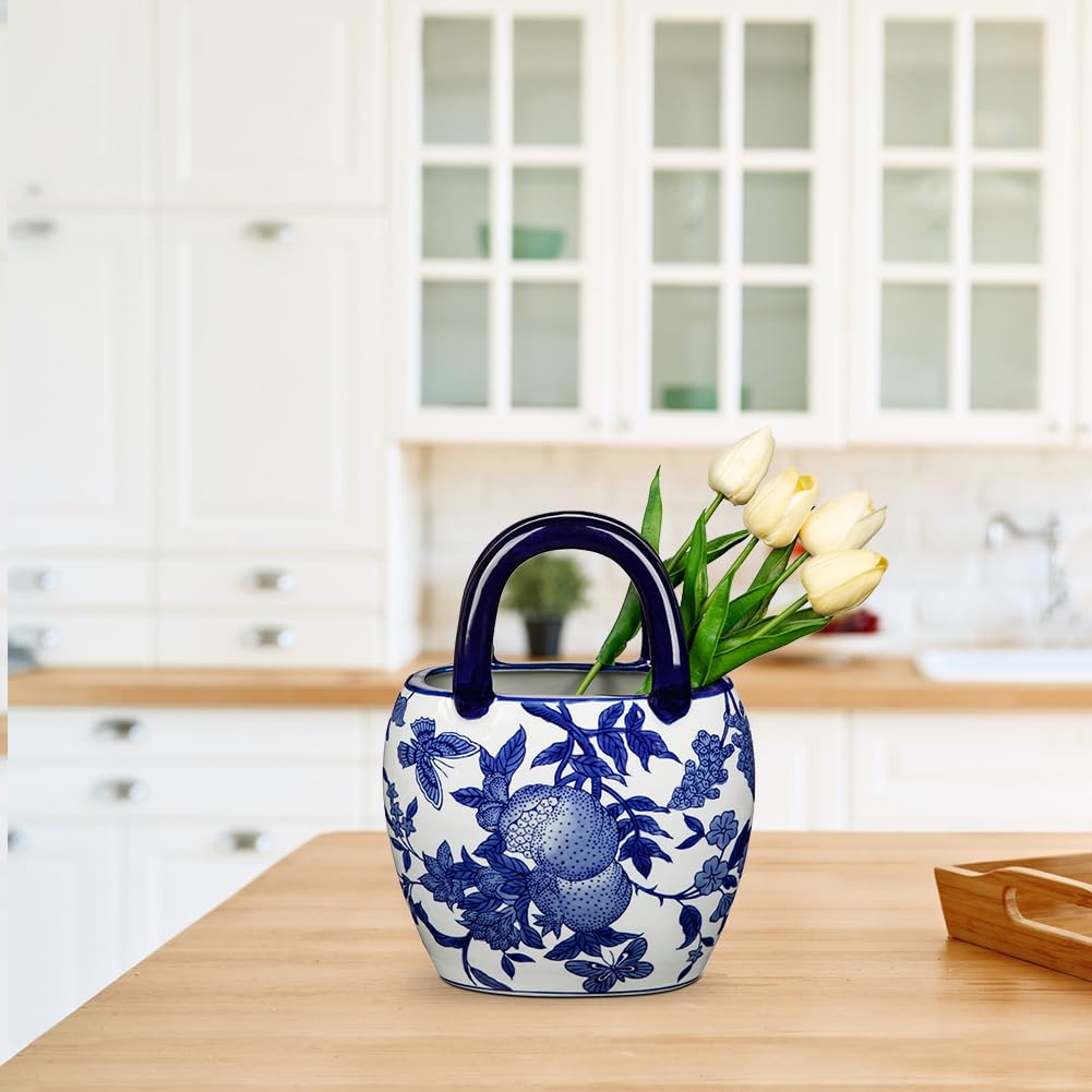 Ceramic Purse Vase for Flowers, Blue and White Porcelain Vases for Centerpieces Decorative Medium Handbag Vases for Flowers Pottery Chinoiserie Vase for Living Room Kitchen Dinner Table Shelf