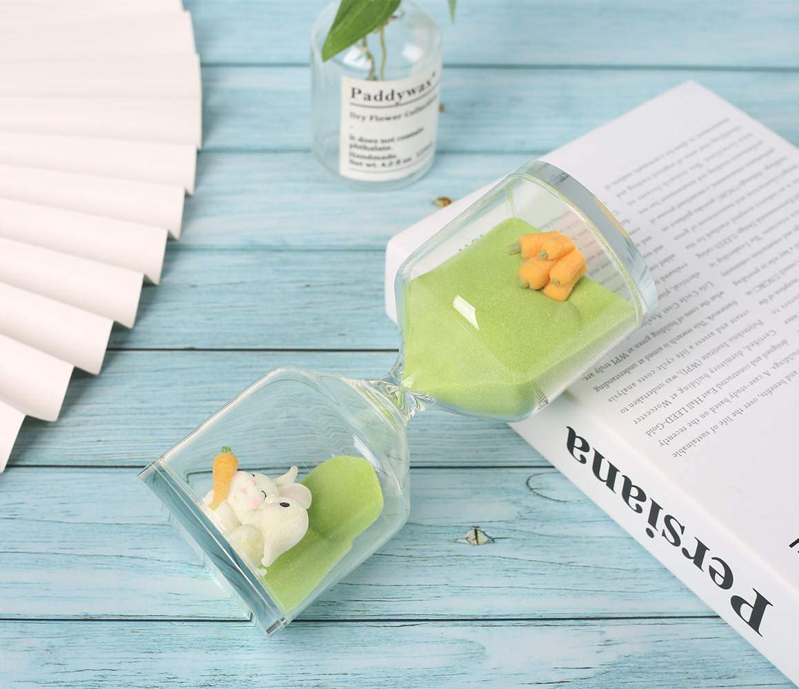 Falytemow 30 Minutes Hourglass with Carrots and Rabbits Green Sand Timer Desktop Decoration for Kitchen School Teaching