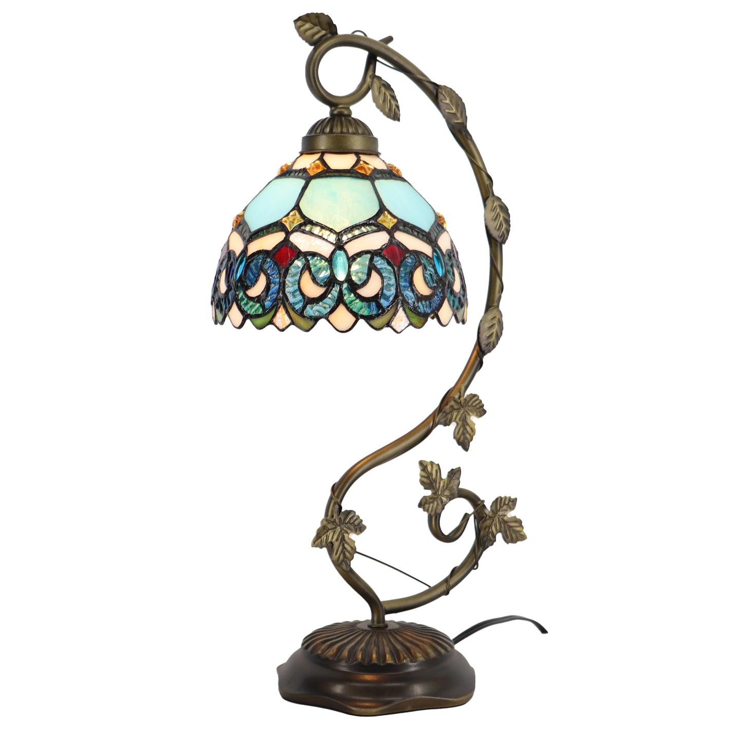 LXHCYOU Tiffany Table Lamp, Stained Glass Desk Light, 8X10X21 Inches, Metal Leaf Base (Sapphire Style)