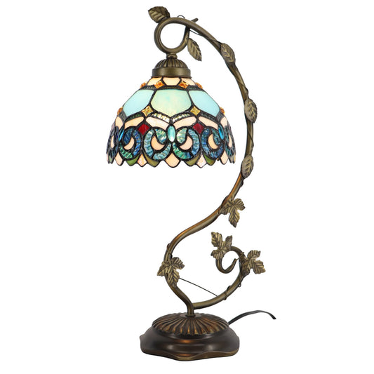 LXHCYOU Tiffany Table Lamp, Stained Glass Desk Light, 8X10X21 Inches, Metal Leaf Base (Sapphire Style)