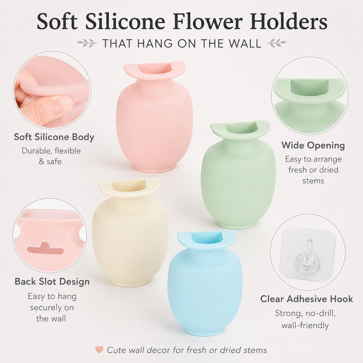 ChezMax Mini Vase 4PCs, Removable Wall-Mounted Flower Vase Reusable Hanging Flower Pot on Fridge Door Glass Window Tile for Home Office Bathroom Shop Decoration (Blue+Green+Pink+Beige)