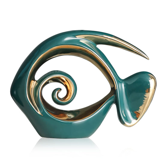 Green Gold Ceramic Fish Figurines - Coastal Home Decor, Modern Ocean Centerpieces for Living Room, Dining Area, Bathroom, Office, Coffee Table, Beach House, Nautical, Seaside, Entrance, Shelf Display