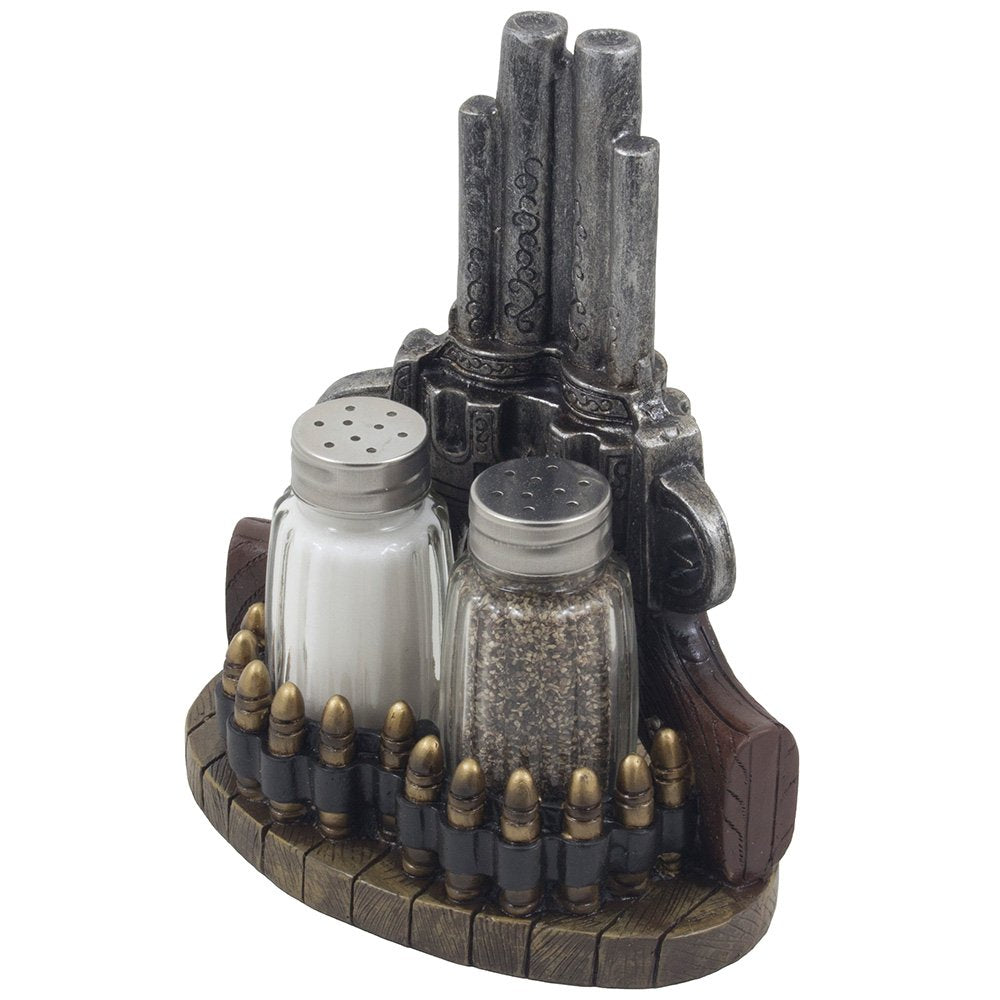Classic Country Western Six-shooter Pistols with Bullets Salt and Pepper Shaker Set on Decorative Display Stand Figurine in Wild West Kitchen Decor Table Centerpieces As Rustic Gifts for Cowboys