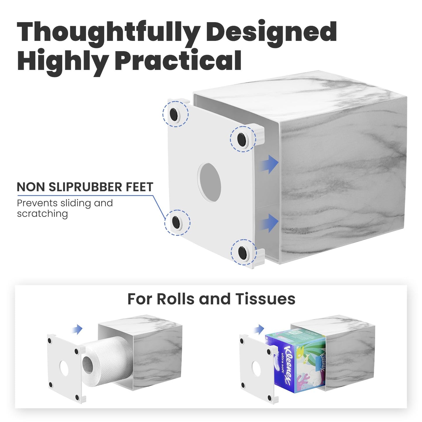 Tissue Box Cover, Square Facial Acrylic Tissue Holder with 2 Pack Clear Qtip Holder Dispenser, Bathroom Vanity Dresser Night Stand Essentials Accessories Decor, Modern Farmhouse Decor, Marble
