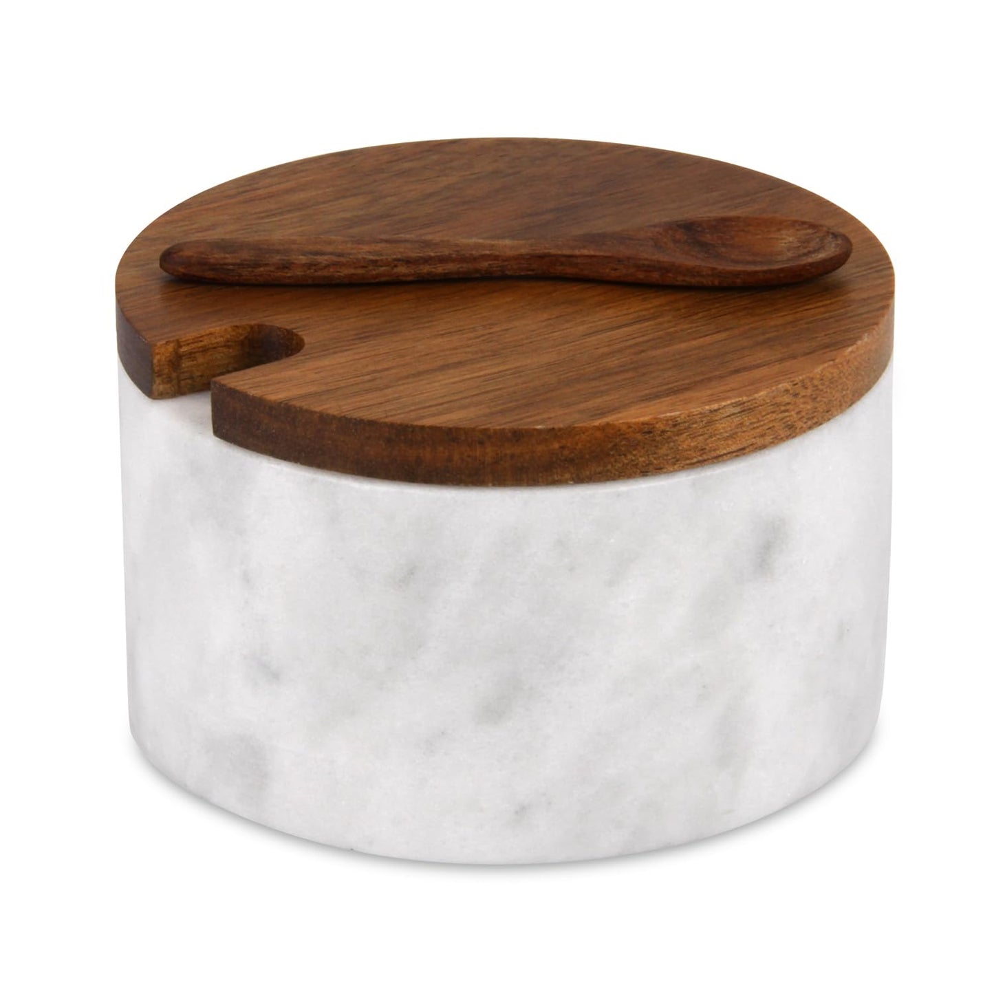 HESHIBI Marble Salt Cellar Box with Wood Lid & Spoon, Modern White Stone Salt or Pepper Sugar Spice Seasoning Bowl Container Jar Holder Well Keeper Dish Pig Crock for Kitchen (Light Grey Bowl)