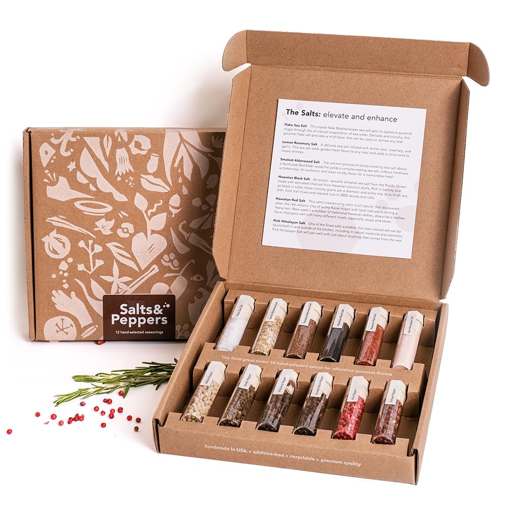 Salt & Pepper Gift Box l Spice & Seasoning Set for Cooking l 6 Salts & 6 Peppers - Himalayan, Hawaiian, Lemon Rosemary, Tellicherry Pepper & More l Gift Set for Men & Women l Gift idea for Him, Her l Housewarming Gift