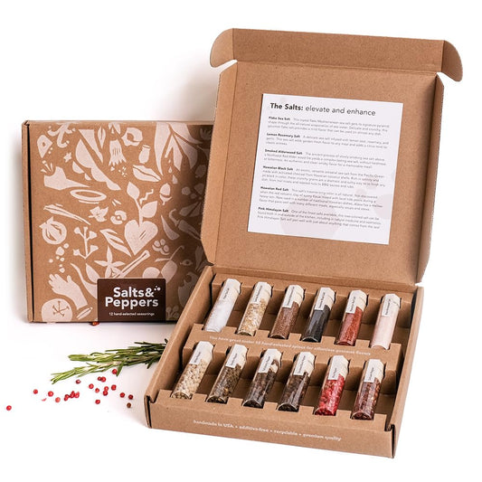 Salt & Pepper Gift Box l Spice & Seasoning Set for Cooking l 6 Salts & 6 Peppers - Himalayan, Hawaiian, Lemon Rosemary, Tellicherry Pepper & More l Gift Set for Men & Women l Gift idea for Him, Her l Housewarming Gift