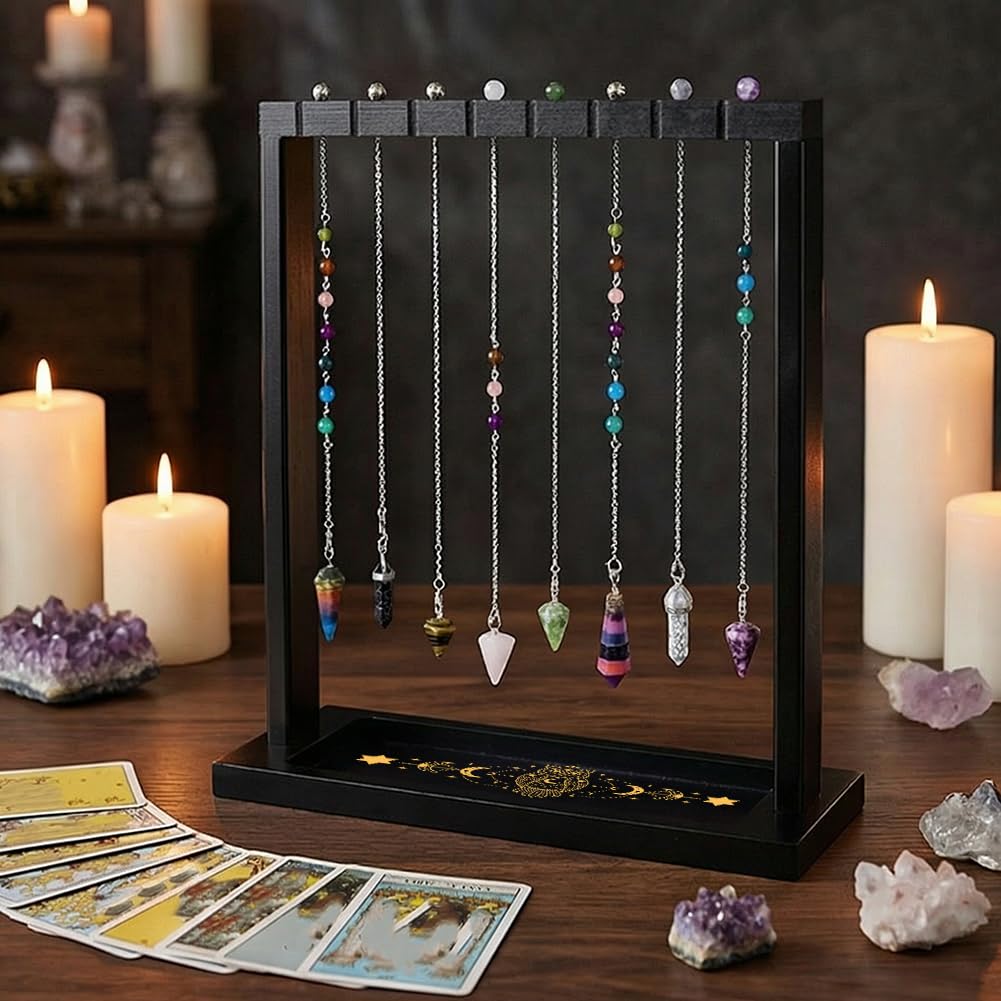 BEUNITONE Pendulum Crystal Holder, Owl Design Wooden Crystal & Jewelry Display Stand Divination Pendulum Storage Rack Tabletop Organiser for Stones, Necklaces and Home Decor