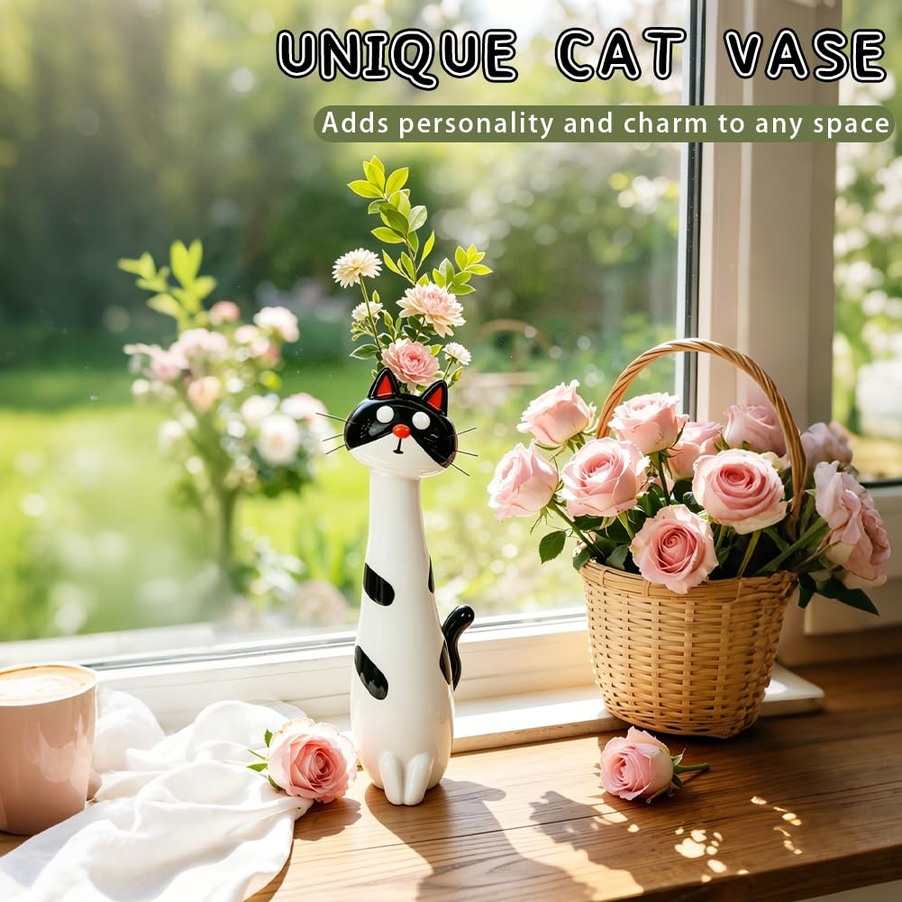 Handcrafted Quirky Cat Vase,Cute Cat Vase Resin Figurine,Small Kitty Planter Decorative Boho Desk Ornament Home Office Bookshelf Flower Pot for Cats Lovers (White)
