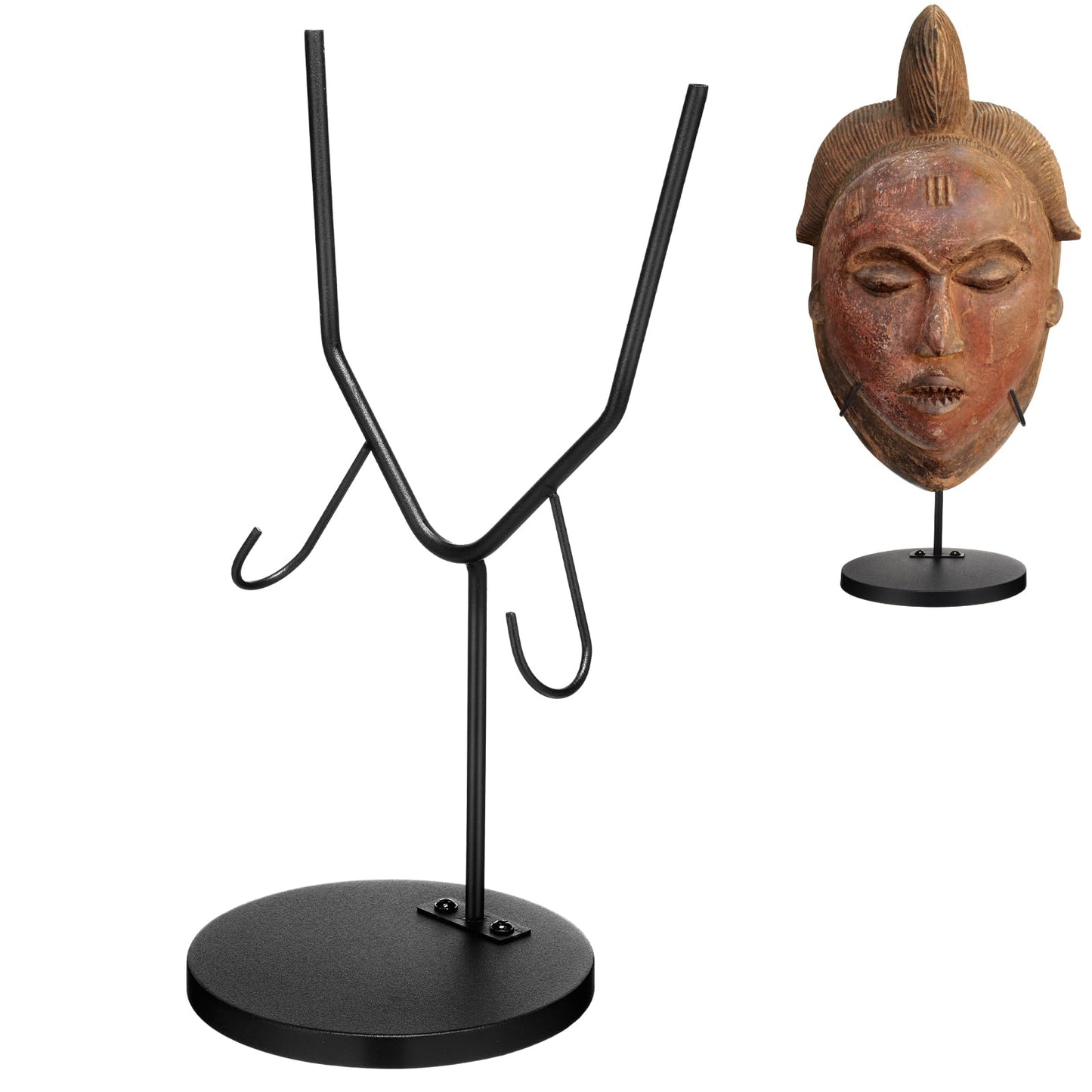 Otoolling 1 Pcs Mask Display Stand U Style Metal African Tribal Mask Holder Tall Adjustable with Detachable Base for Sculptures Artifacts Egyptian Roman Greek Pre Columbian Collectible (12 Inch Height)