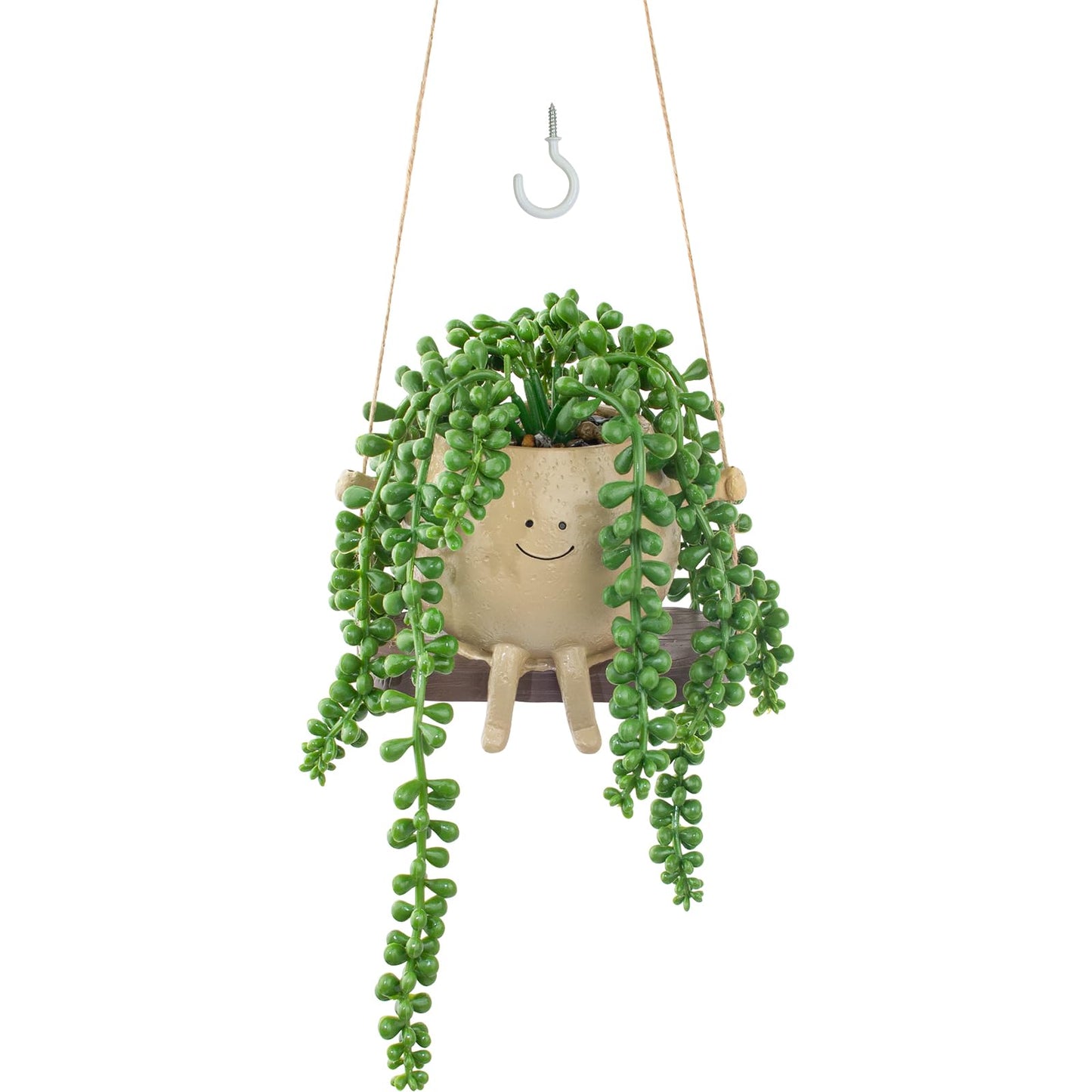 LUZOGA Artificial Hanging String of Pearls Succulent in Cute Smiley Face Swing Planter, Fake Trailing Succulent Plant for Indoor Outdoor Home Wall & Window Decor | Includes Hanging Hook
