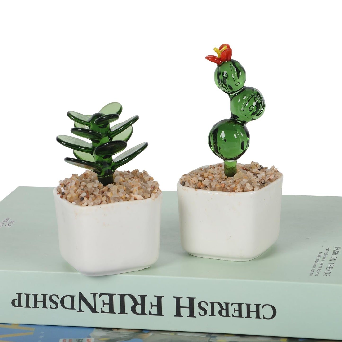 2PCS Decorative Glass Cactus Figurine in White Ceramic Pot, Cactus Desk Accessories, Plant Bonsai Figurine Decoration, Cactus Decor Use for Living Room, Balcony, Desk, Idea Gift for Succulent Lovers