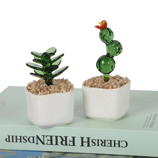 2PCS Decorative Glass Cactus Figurine in White Ceramic Pot, Cactus Desk Accessories, Plant Bonsai Figurine Decoration, Cactus Decor Use for Living Room, Balcony, Desk, Idea Gift for Succulent Lovers