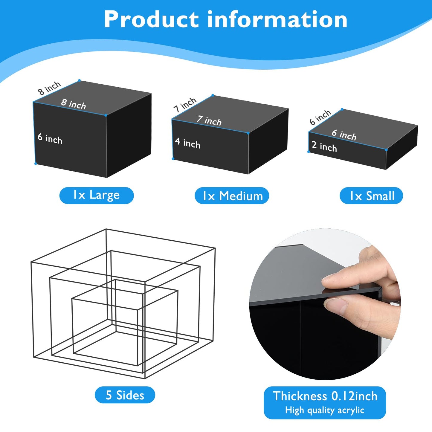 Bouiexye 3Pcs Black Buffet Risers Acrylic Boxes Display Food Risers for Buffet Table Platter Parties Weddings Catering Dessert Collectibles Figures Show ( 6''x7''x8'')