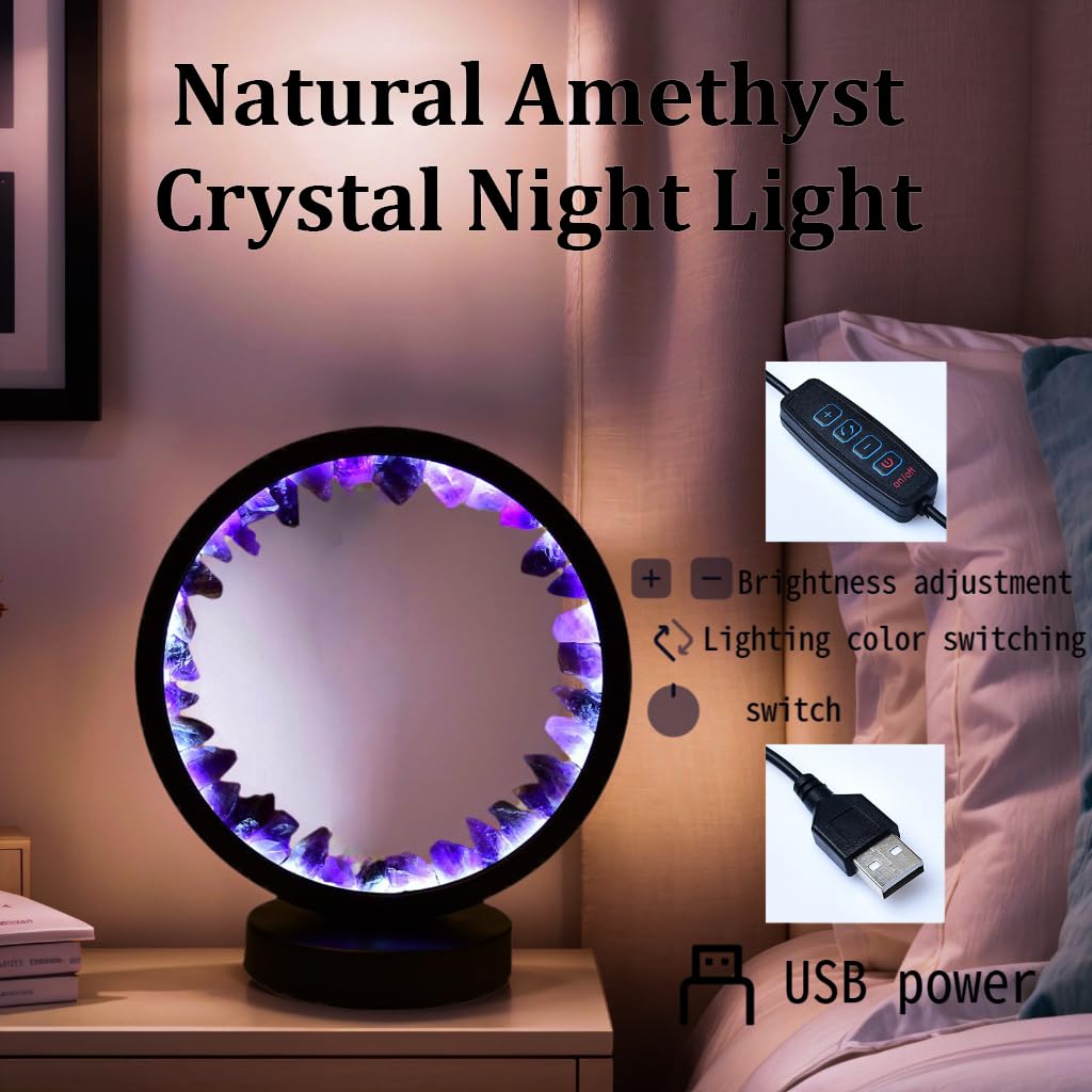 RUIJINGYUAN Natural Amethyst Night Light - 7.9" Healing Crystal Lamp, USB Powered, 3 Light Modes with Dimming Function, Bedside Lamp, Suitable for Bedroom, Living Room Furniture Decoration Gift