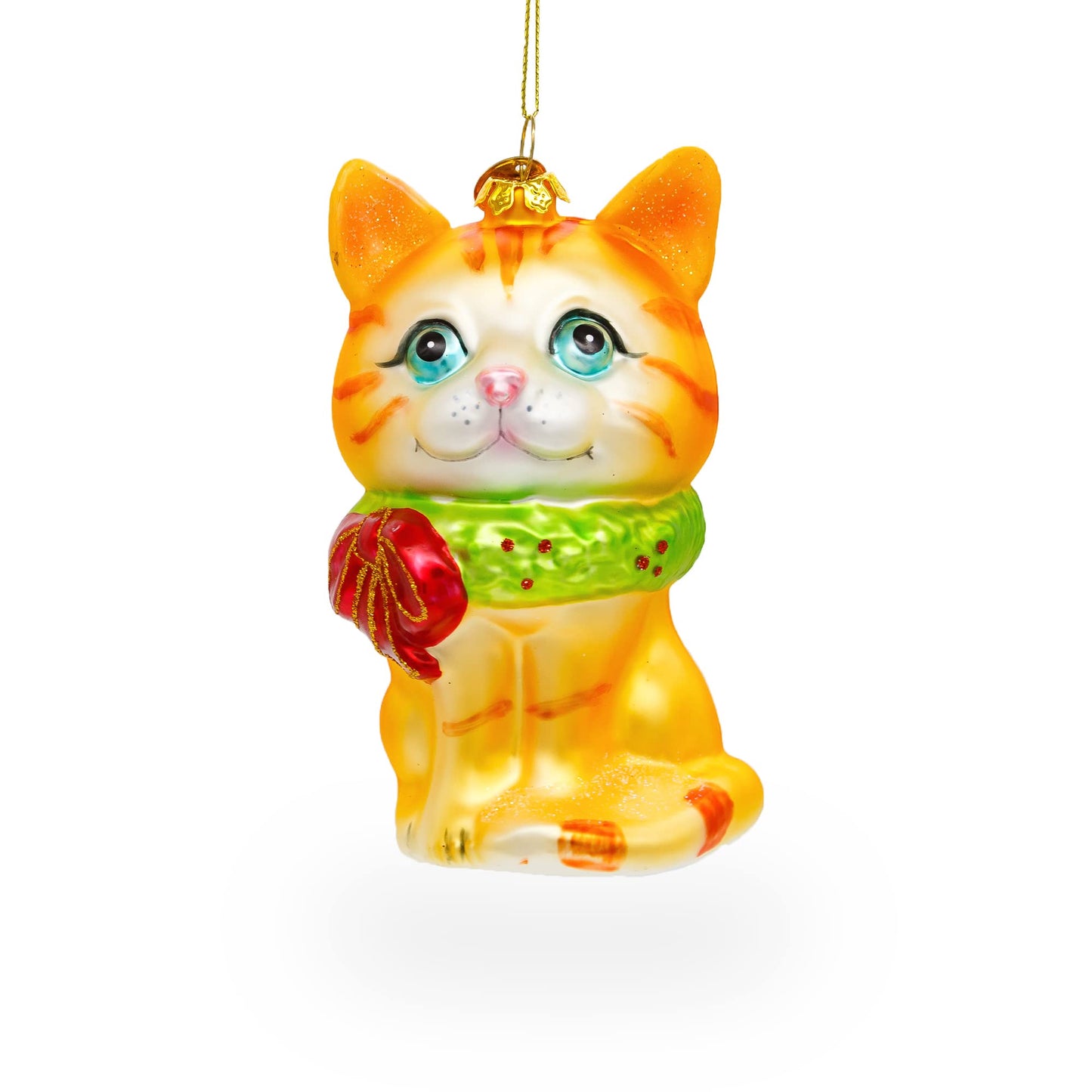 Orange Tabby Cat with Scarf Glass Christmas Ornament