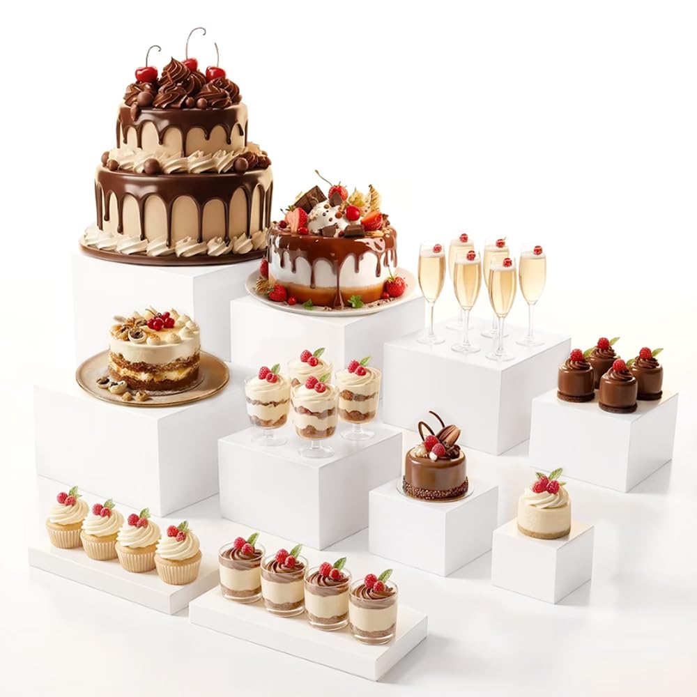 10Pack White Buffet Risers and Stands, (3'',4'',5'',6'',7'',8'',9'',9.5''x2,10'')Acrylic Food Risers for Buffet Table, Nesting Display Stand Shelf for Party Catering & Dessert, White Risers for Display for Food, Jewelry & Collectibles