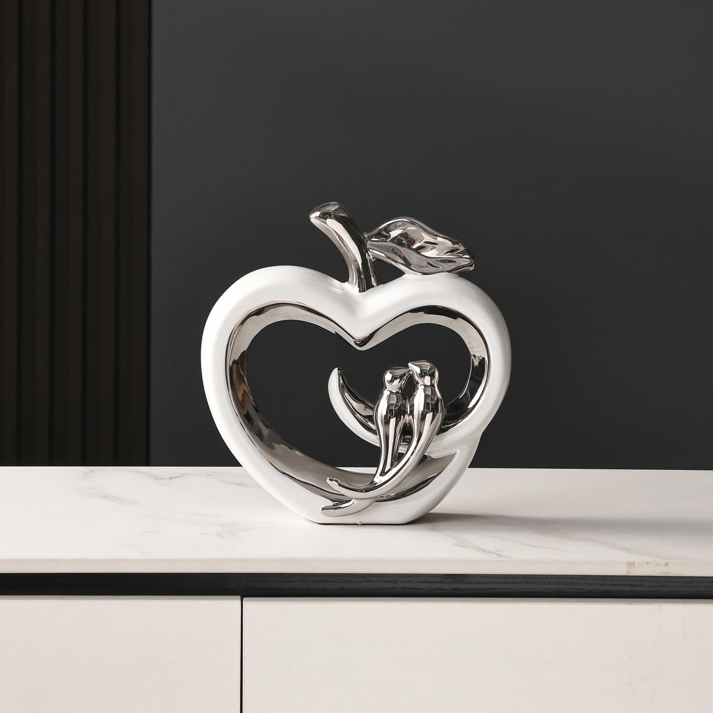 Ceramic Statue Home Decor, Fruit with Birds Sculpture, Modern Aesthetic Abstract Art Decorative Accent Table Decorations for Living Room Bedroom Bookshelf Table Office Centerpiece (White Silver)