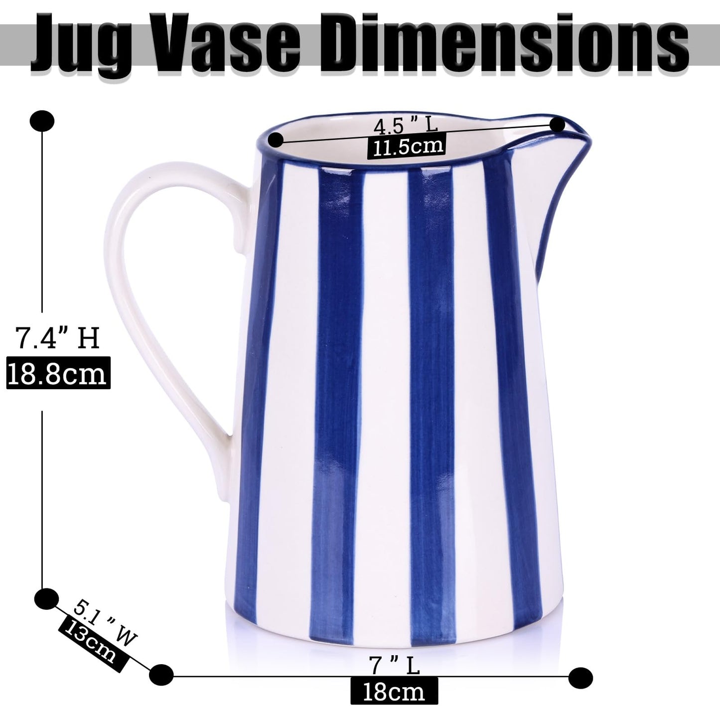 oliruim Ceramic Blue and White Pitcher Vase with Handle, Hand Painted Farmhouse Boho Pottery Jug for Decor Table Centerpiece, Kitchen, Home Desktop Decor Vase (Stripes)