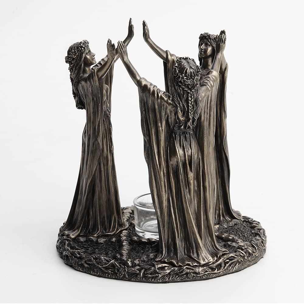 Veronese Design 6 3/4 Inch Tall Triple Moon Goddess Maidens Ritual Candle Tealight Holder Cold Cast Bronzed Resin Sculpture Wiccan Alter Figurine Home Decor New Age Religious Collectible