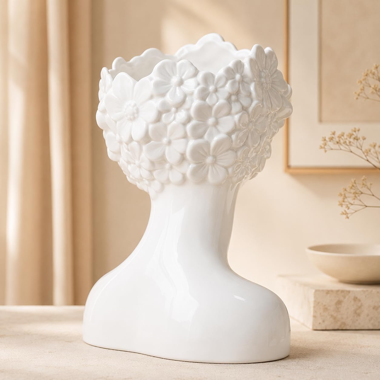 White Flower Vase,Face Vase Bust Head Shaped Ceramics Statue,Suitable for Birthday Gifts Home Office Decoration (Charming vase)