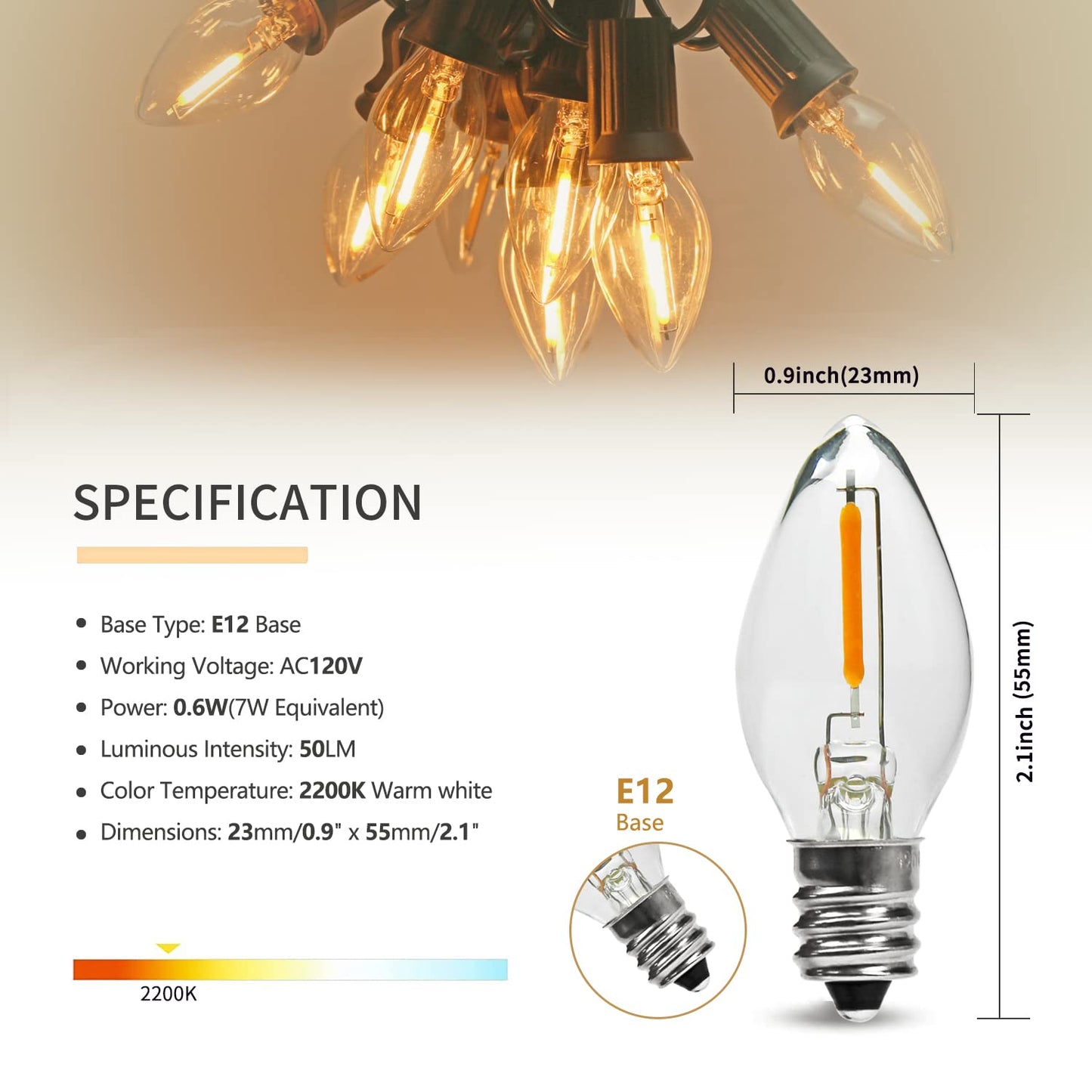 Austin Coast 25PACK LED Night Light Bulbs, C7 Candelabra LED Light Bulbs, E12 Chandelier Base, 0.6W Equivalent to 7W, Warm White 2200K, 50LM, Shatterproof & Waterproof Clear ‎Plastic