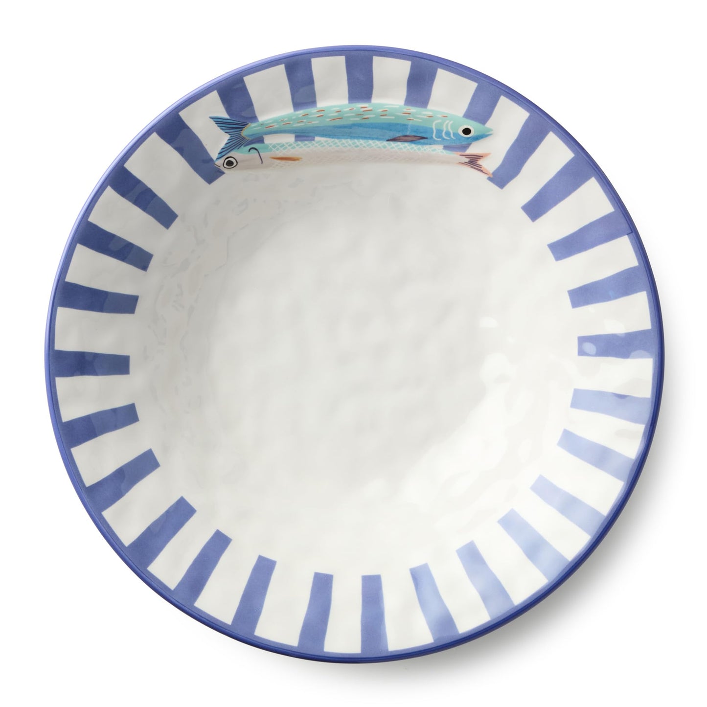 Something Fishy Ceramic SERVING BOWL 13 x 3 Inches, coastal striped bowl with colorful fish art, ideal for salads, pasta, seafood sides, summer hosting, beach homes, and vibrant nautical table